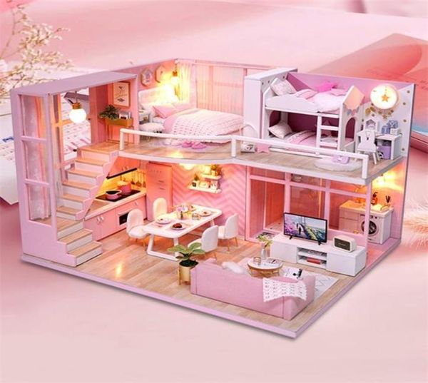 Bricolage maison de poupée Imitation série rose chambre jouets jouets en bois faits à la main jouets pour enfants garçons et filles saint valentin Gi9688359