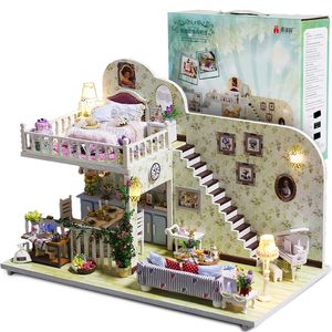 Maison de poupée DIY Maisons de poupée en bois Maisons de poupée miniatures Kit de meubles avec jouets LED pour enfants Cadeau d'anniversaire LJ201126