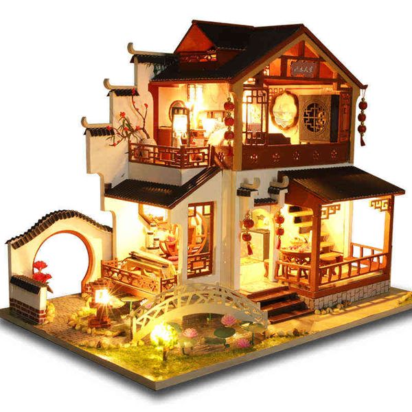 Kit de casa de muñecas DIY, casas de muñecas de madera, muebles de casa de muñecas en miniatura, Kit con juguetes con luz LED P03 para niños, regalo de Navidad