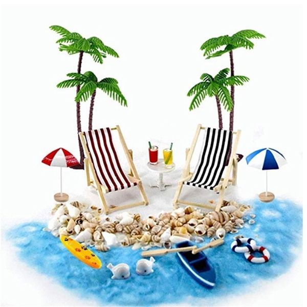 DIY jardín de hadas casa de muñecas decoración arena azul lindas niñas silla de playa barco playa estilo miniatura ornamento Kits Set regalo 210811
