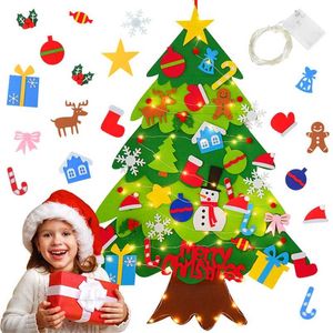 Arbre de Noël en feutre de bricolage avec année lumineuse LED Jouets cadeaux pour enfants Porte Tenture murale Ornements Décoration de Noël pour la maison Navidad 211104