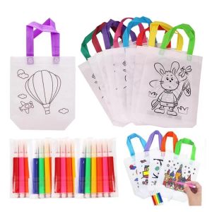 DIY Graffiti Bag with Markers Handmade Painting Non-Woven Bag for Children Arts Crafts Color Filling Drawing Toy