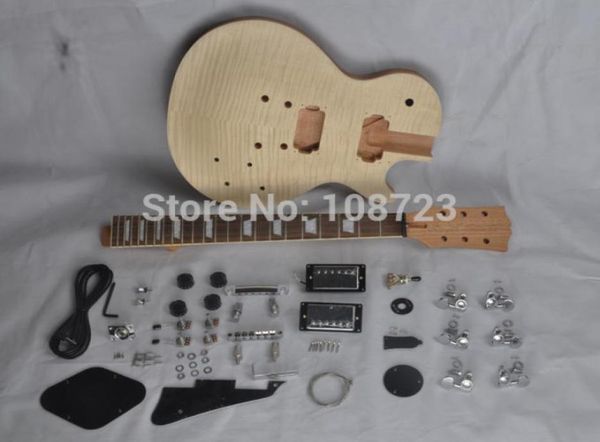 Guitarras de bricolaje Cuerpo de caoba kit de guitarra eléctrica inacabada con humbuckers dual de arce inflamado2023280