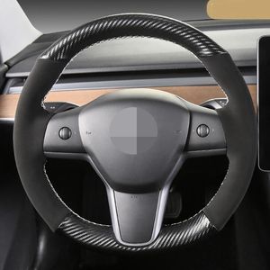 Couverture de volant de voiture cousue à la main bricolage couverture de volant en daim en cuir véritable noir pour Tesla modèle 3 2017-2019 sur Wrap