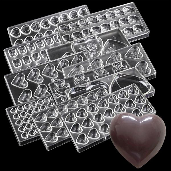 Molde de policarbonato para chocolate con forma de corazón DIY, herramientas de confitería para decoración de pasteles, utensilios para hornear, repostería, dulces 220721