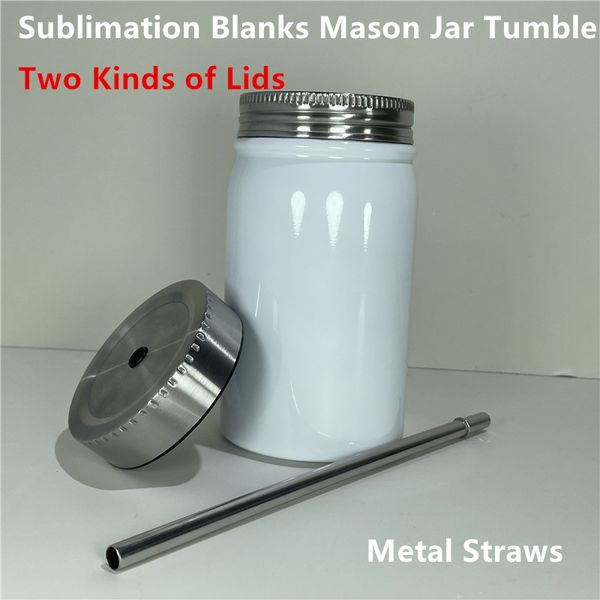 17oz Sublimation Blanks Mason Jar Tumbler avec des pailles en métal de 500 ml en acier inoxydable Tumbler Jar Mason Cup Juice Mug Double paroi Mason Cans DIY