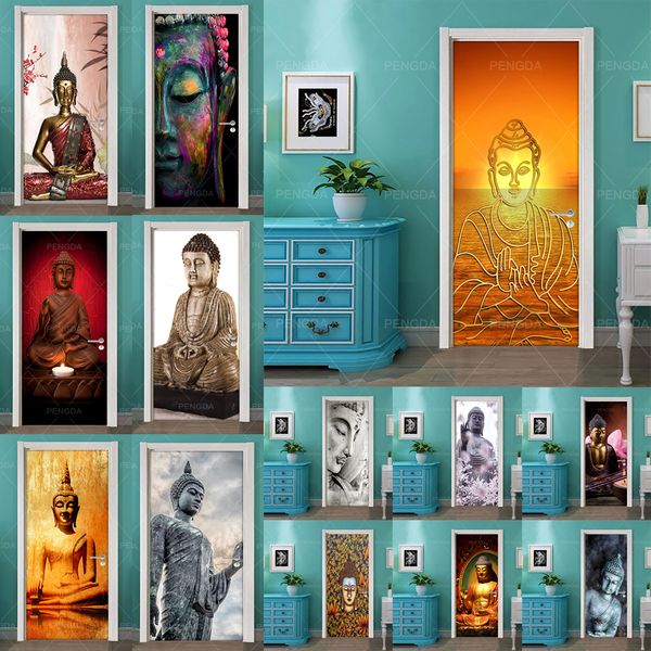DIY Home Decor Décalcomanies Auto-adhésif Bouddha Statue Religion Imprimer Art Image 3D Autocollant de porte étanche murale chambre rénovation 210317