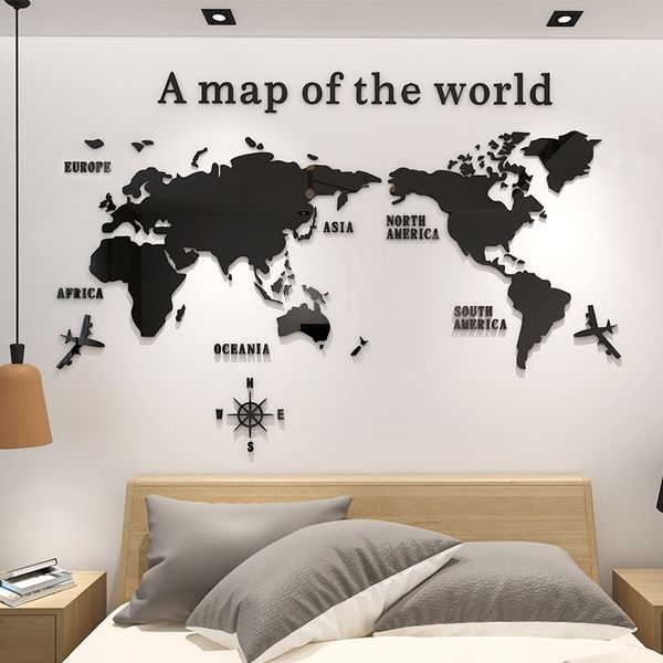 DIY Mapa del mundo de la etiqueta de la pared de acrílico grande para la sala de estar de la oficina Fondo del televisor de la decoración del hogar Etiquetas engomadas del espejo 210310