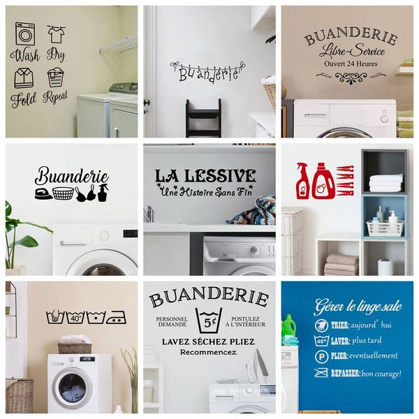 Bricolage Buanderie français décoration sticker mural amovible vinyle sticker mural Buanderie nettoyeur à sec Pvc décor à la maison accessoires