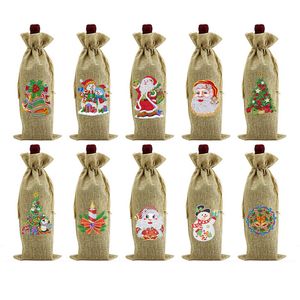 Bolsas de vino de arpillera de lino de bricolaje Vinos de Navidad de diamantes Bolsa de regalo Botella con etiqueta con cordón Cuerda Reutilizable Feliz Navidad Botellas de vino Cubiertas para almacenamiento HH21-841