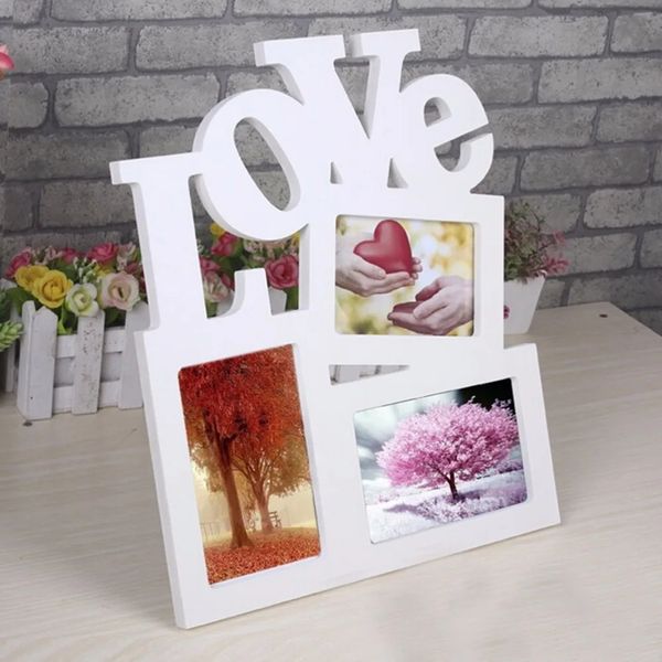 Bricolage belle creux amour en bois famille P o cadre photo Rahmen blanc Base Art décor à la maison 231226