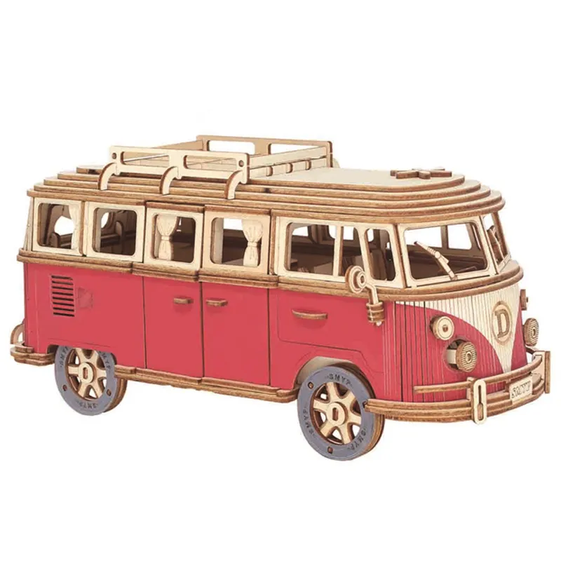 DIY Manual Assembly Model Car Wooden Retro Bus 3D Puzzle Camper Van Children Boy Girl Gift Educational Toys Home Room Decoration