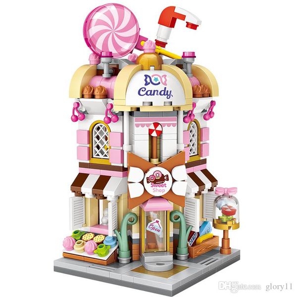 Mini blocs de bricolage série City Street, magasin de bonbons roses, magasin de jeux, noix, modèle 3D, jouets