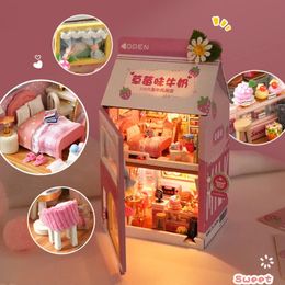 DIY Mini Pastel Dormitorio Fresa Plátano Leche Casa de muñecas Kits de construcción en miniatura Juguetes Kawaii Casa de muñecas Regalos de cumpleaños para niños 240202