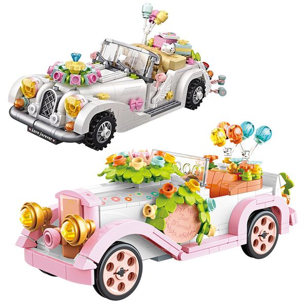 DIY Mini Wedding Car Vintage Sports Vehicle Builds Building Figuras de novios Figuras Asambleas Juguetes de ladrillos de flores para niños Regalos