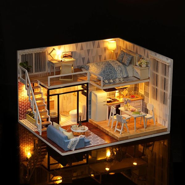 DIY Miniatura Loft Dollhouse Kit LED Mini 3D Madera Decoración del hogar Accesorios Habitación Juguete hecho a mano Día de San Valentín Regalo de Navidad 240314