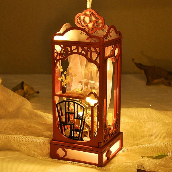 Jouet de construction de modèle de bricolage, lanterne romantique de style chinois avec lumière, blocs de construction en bois, pour cadeau d'anniversaire de fête, collection, décoration