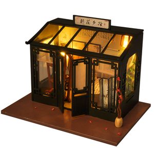 DIY Model Building Toys, Chinese stijl schilderij winkel met licht, houten bouwstenen, voor feestdag 'verjaardagsgeschenken, verzamelen, decoraties