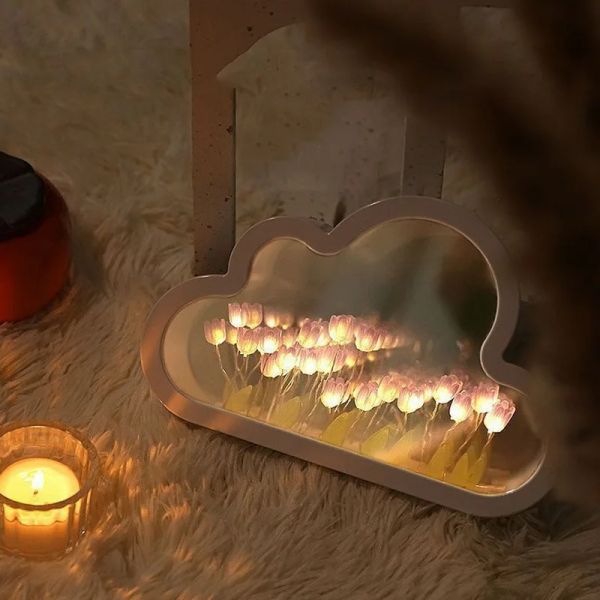 Lampe tulipe en forme de nuage, miroir créatif, cadre Photo, miroir pour chambre de fille, ornements faits à la main, cadeau d'anniversaire, bricolage