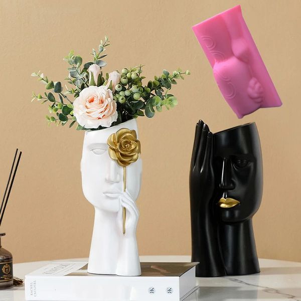 DIY Nordic Arm Face Vase Vase Silicone Moule Rose Résumé Résumé Face humaine Vase Concrete Ciment Gypsum Silicone Moule 240329