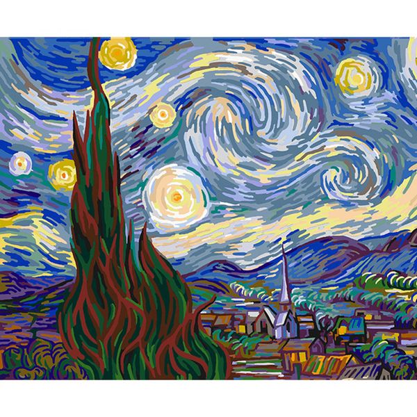 Peinture à l'huile de bricolage par numéros La nuit étoilée [Van Gogh] 50 * 40CM / 20 * 16 pouces sur toile pour les kits de décoration de la maison [Sans cadre]