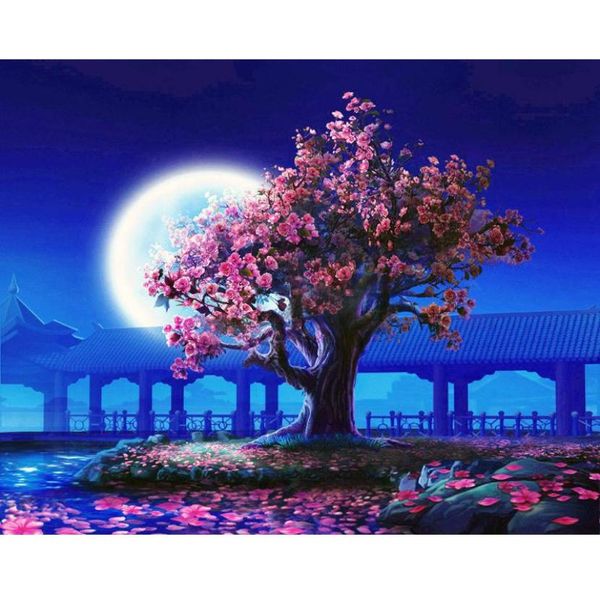 Pintura al óleo artesanal por números para adultos, tableros de lona románticos de árbol lunar para pintar, dibujar imágenes, colorear por números2729794