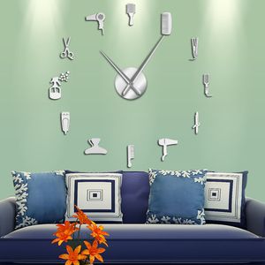 DIY Shop Giant With Mirror Effect Toolkits Horloge décorative sans cadre Montre Coiffeur Barber Wall Art Y200407