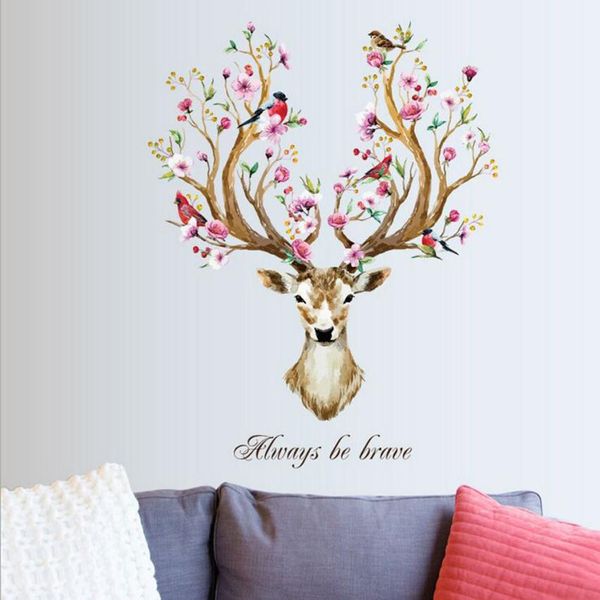 Bricolage Sika tête de cerf fleurs stickers muraux pour salon Art vinyle stickers muraux pour enfants bébé décor à la maison adesivo de parede