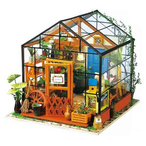 DIY Kleine Doll House Cathy Flower House Houten Poppenhuis Educatief geassembleerd model zonder stof Cover AA220325