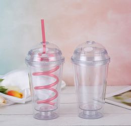 De nieuwste DIY Straw Cup 450 ml Drinkware Milkshake Dubbellaags Plastic Melk koffiekopjes, kleur kan worden aangepast