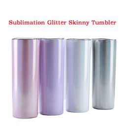 DIY Mokken Sublimatie 20oz Skinny Glitter Tumbler met stro en deksels roestvrijstalen koffiekopjes vacuüm slanke waterfles