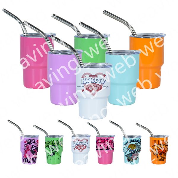 Sublimation bricolage verre à liqueur 3 oz avec paille en métal gobelet en acier inoxydable double paroi enfants bouteille d'eau tasses de voyage tasses verres à vin sans vide