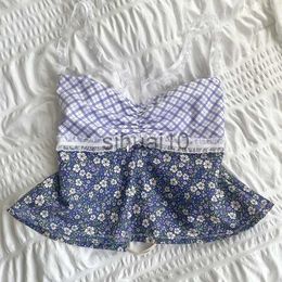 DIY Tanks Camis Plaid Floral Print Milkmaid Tops 00s Retro Coquette Camis Fairycore Y2K Dentelle Garniture Dos Nu Tie Up Crop Tops Chic Mignon Mini Gilet J230706