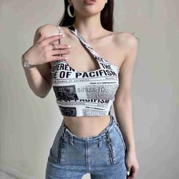 DIY Tanks Camis Lente Zomer Vrouwen Krant Print Vintage Esthetische Sexy Uitgesneden Een Schouder Y2K Crop Top Femme Asymmetrische Tank Tee Kleding J230706