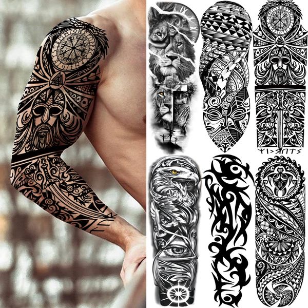 DIY tótem Tribal brazo completo manga de tatuaje temporal para hombres mujeres adultos maorí cráneo tatuajes pegatina negro tatuajes falsos herramientas de maquillaje