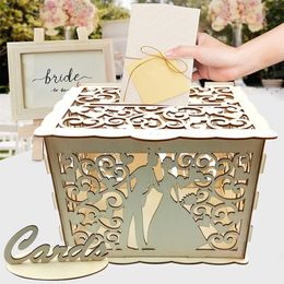 DIY Wedding Card Box houten paar geldboxen met slot holle bloemen patroon decor cadeau envelop verjaardagsbenodigdheden 240510