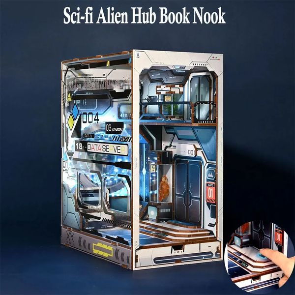 Diy Libro de madera Nook Sci Fi Estilo Alien Hub Bookshelf Kits de construcción en miniatura Asamblea Bookend Handmaded Doll House Decoración del hogar 231221