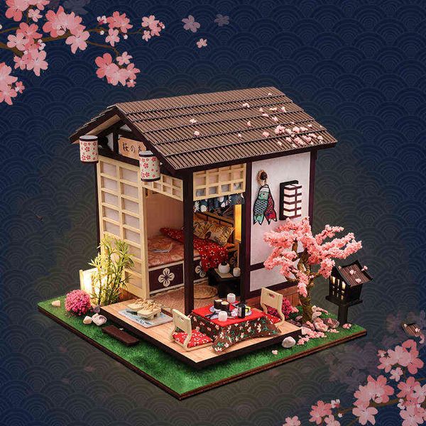 Kit de maison de poupée en bois, bricolage, meubles miniatures assemblés, maison de poupée légère avec fleurs de cerisier, jouets pour cadeaux