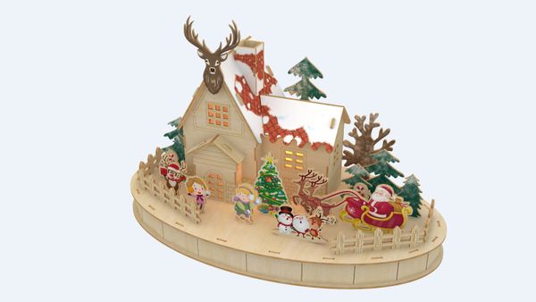 DIY madera Navidad cabaña rompecabezas juguete artesanías creativa hecha a mano decoración Navidad con luces LED W0107P
