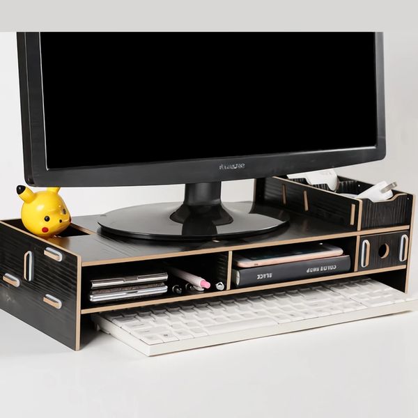 Support de moniteur d'ordinateur en bois bricolage, base de bureau montante avec tiroirs de rangement, noir