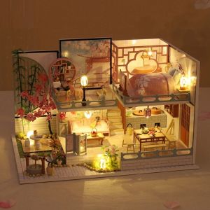 DIY WOODEN Doll House Japanese Casa Miniature Building Kits Dollhouse With Furniture Lights Villa For Girls Christmas Cadeaux