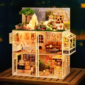 DIY Houten Poppenhuis Miniatuur Kits Met Meubilair Meisjes Slaapkamer Koffieshop Casa Poppenhuis Speelgoed voor Volwassenen Verjaardagscadeautjes 240304