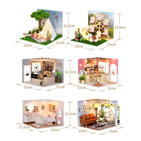 Kits de miniatura de muñeca de madera de bricolaje con muebles de la cafetería de la habitación para niñas