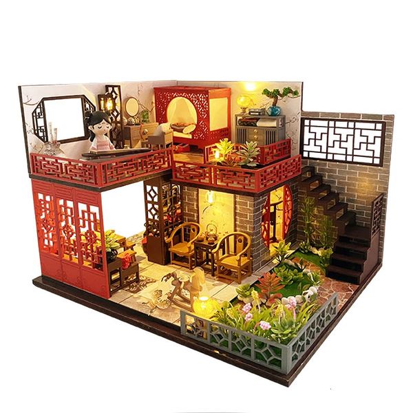 DIY Casas de muñecas de madera Kits de construcción en miniatura con muebles Habitación antigua china Casa de muñecas ensamblada para niñas Regalos 240304