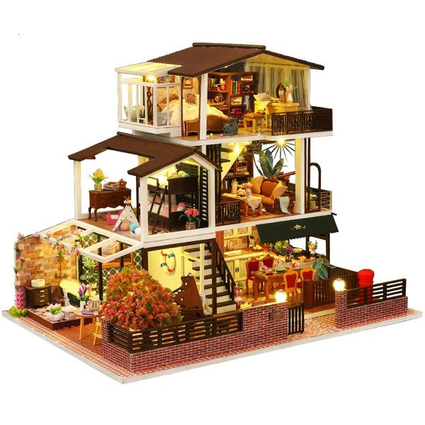 DIY Casas de muñecas de madera Kits de construcción en miniatura con muebles Conjunto de luz Romántica Casa grande Casa de muñecas Juguetes para niñas Regalos 240304