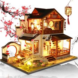 DIY Houten Poppenhuis Chinese Stad Architectuur Poppenhuizen Miniaturen met Meubilair Speelgoed voor Kinderen Vriend Verjaardagscadeau 240202