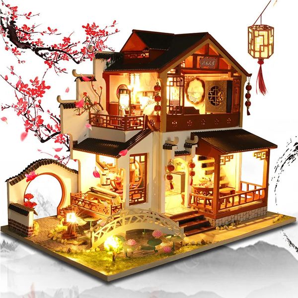 DIY Casa de muñecas de madera Ciudad china Arquitectura Casas de muñecas Miniaturas con muebles Juguetes para niños Amigo Regalo de cumpleaños 240202