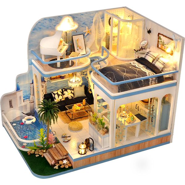 DIY WOODEN Dollhouse Miniature Furniture with Music Kit Blue Loft Doll House Assembly Toys Children for Birthday Gift Casa