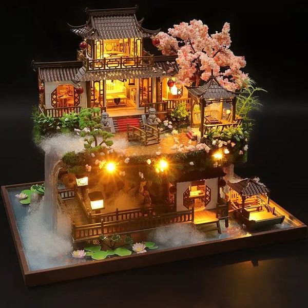 DIY Kit de construcción en miniatura de madera Casas de muñecas con muebles Casa antigua china Casa de muñecas Juguetes hechos a mano para niñas Regalos de Navidad 240102