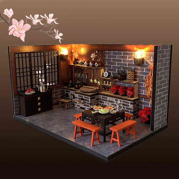 DIY de madera en miniatura, sala de cocina china, kits de casa de muñecas, muebles de Casa, casa de muñecas, juguetes ensamblados para adultos, regalos de Navidad AA220325